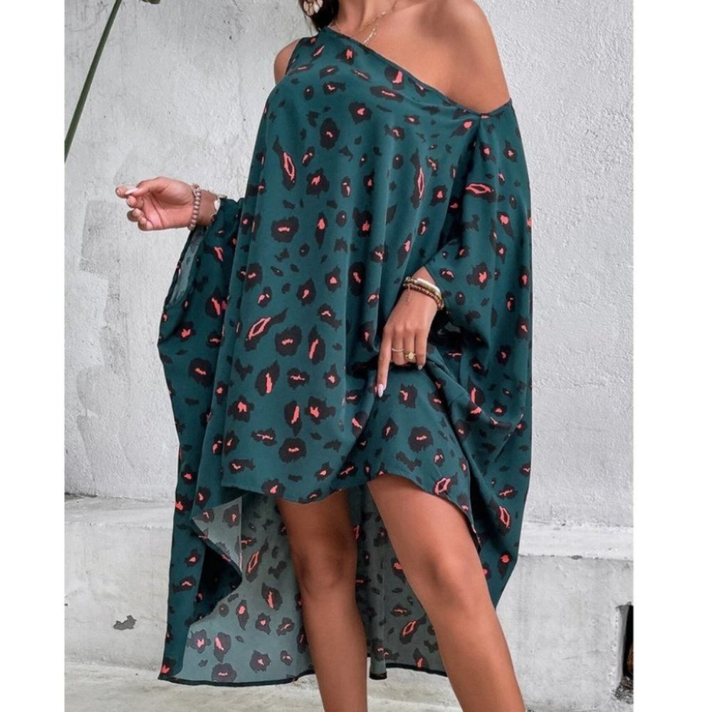 Dolman Sleeve Asymmetrical Neck animal Print Dip Hem Dress - Picture 3 of 6